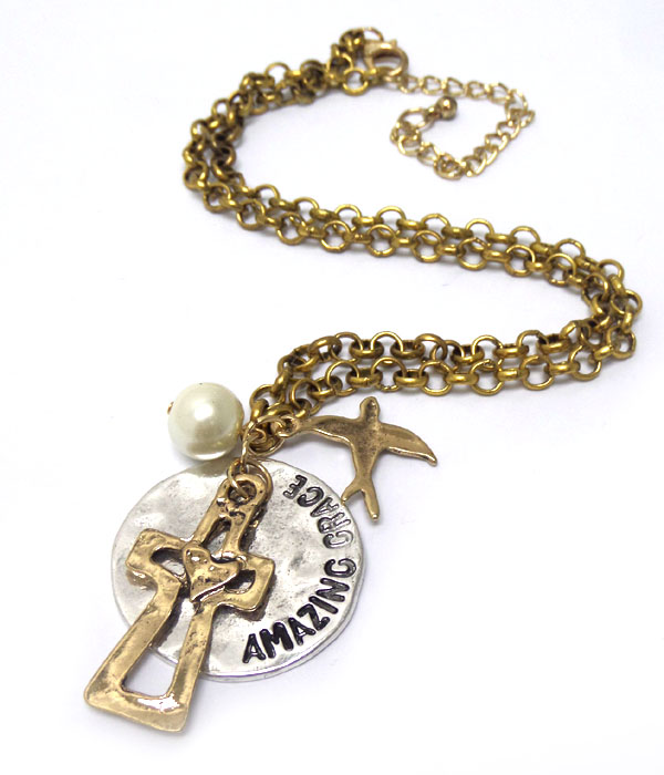 Inspirational word dove cross necklace