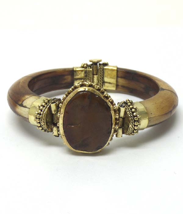 Wood with center stone bangle bracelet