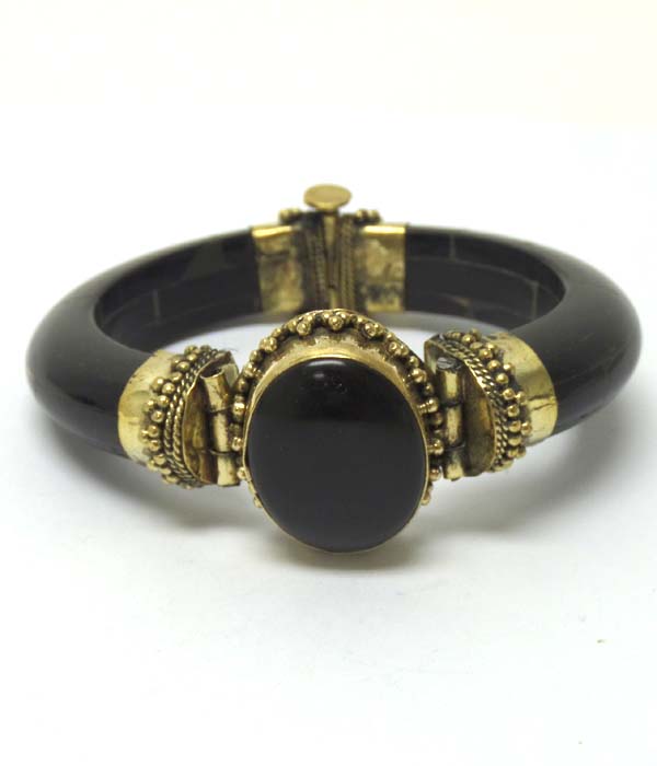 Wood with center stone bangle bracelet