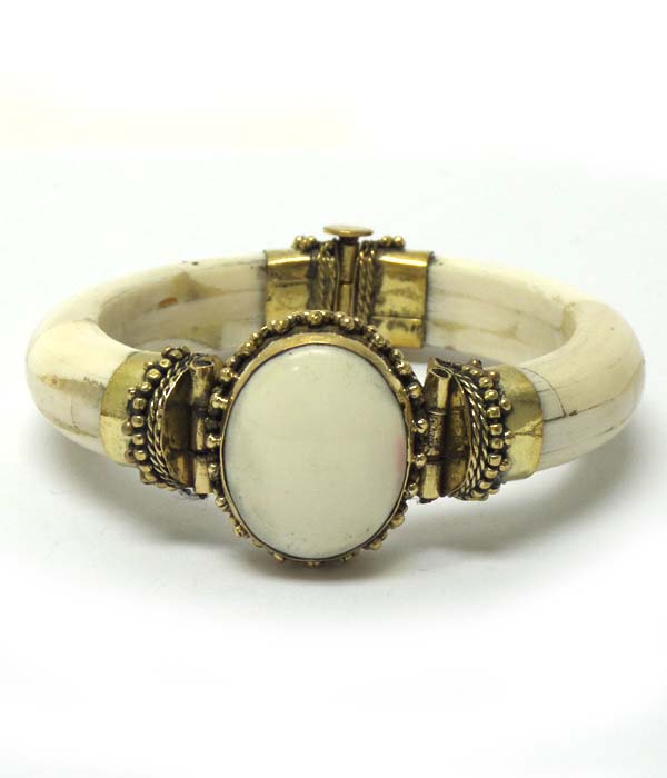 Wood with center stone bangle bracelet