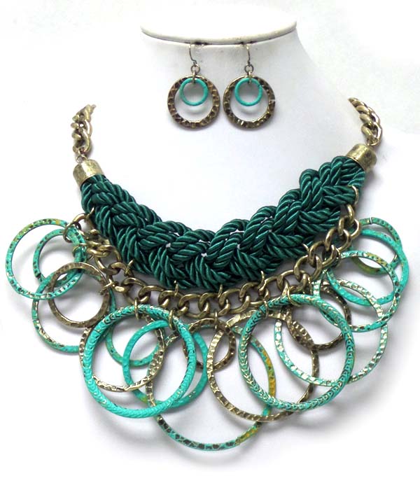Thick twisted cord with patina disks necklace set