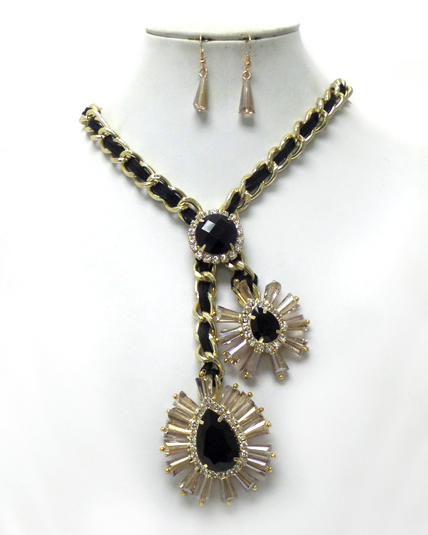 TWIST YARN AND METAL CHAIN WITH CRYSTALS FLOWER NECKLACE SET