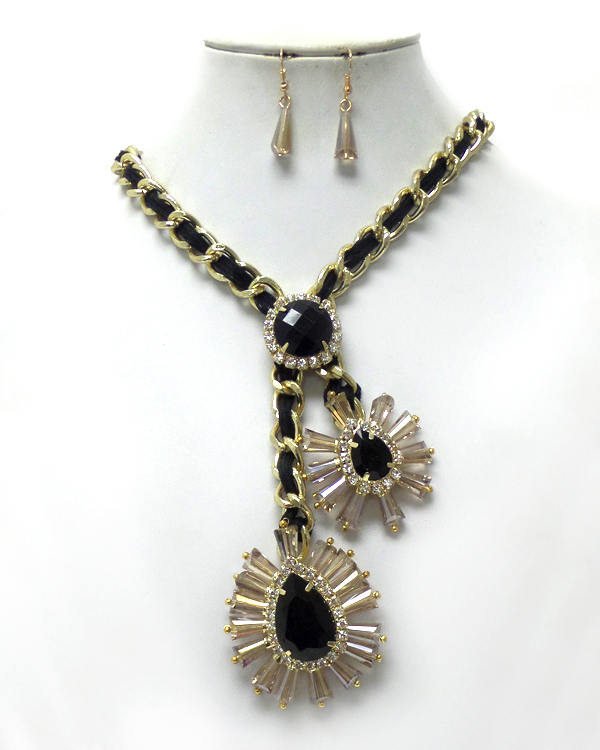Twist yarn and metal chain with crystals flower necklace set