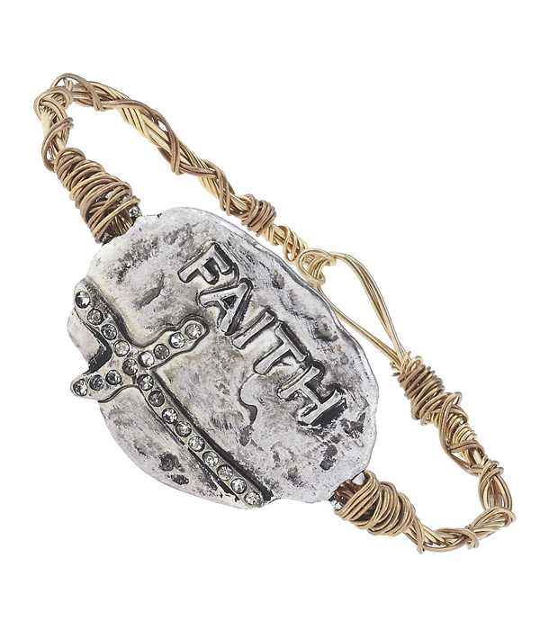 Handmade cross plate and wire bangle bracelet - faith