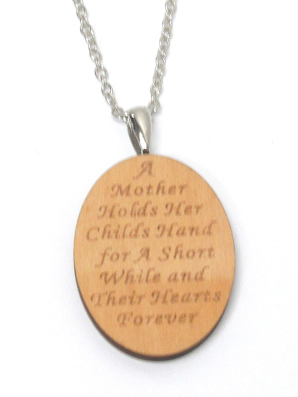 Mother and child message natural wood pendant necklace