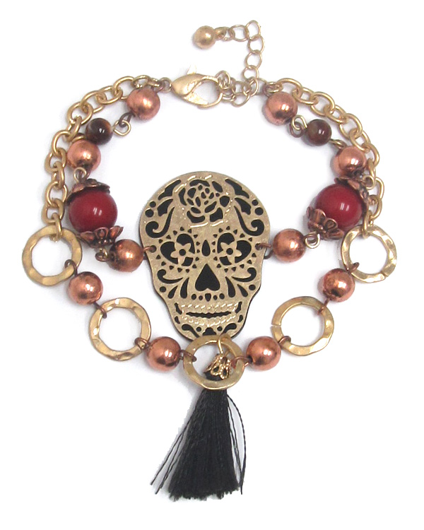 Sugar skull and pom double chain bracelet