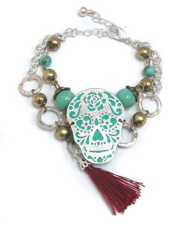 Sugar skull and pom double chain bracelet