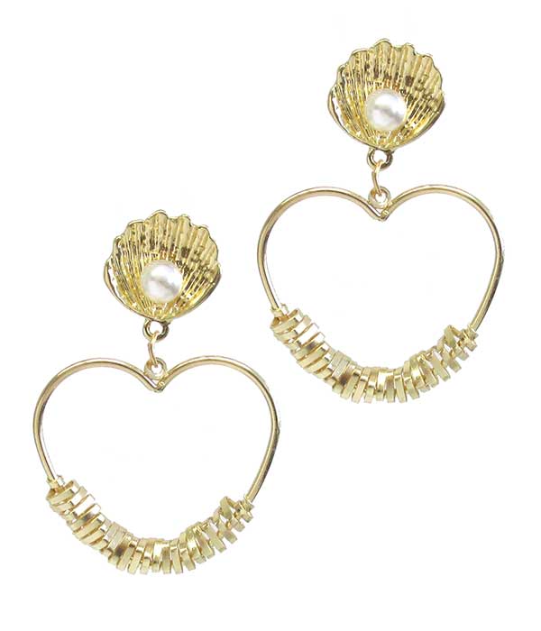 PEARL IN SHELL AND HEART EARRING