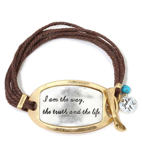 Handmade religious theme metal plate and multi wax cord toggle bracelet - john 14:6