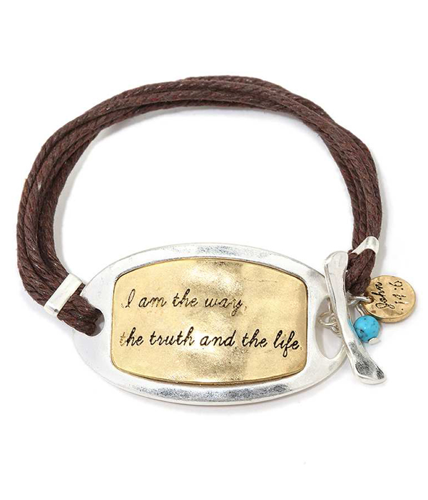 Handmade religious theme metal plate and multi wax cord toggle bracelet - john 14:6