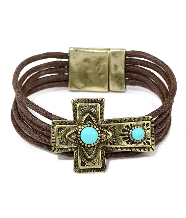 Turquoise center textured cross and cord magnetic finish bracelet