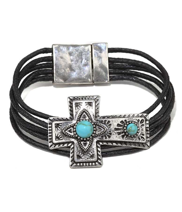 Turquoise center textured cross and cord magnetic finish bracelet