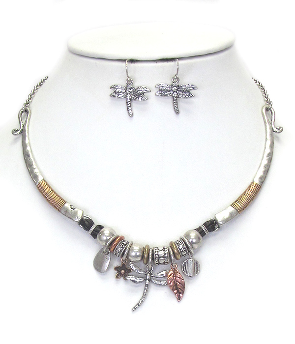 Vintage theme mix rondelle and charm wire wrap necklace set - dragonfly