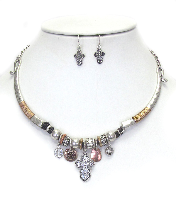 Vintage theme mix rondelle and charm wire wrap necklace set - cross