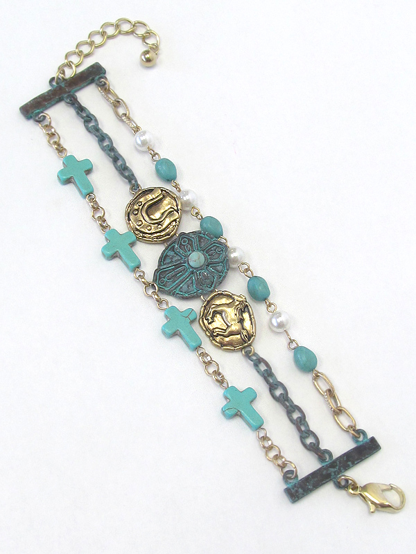 Vintage patina cross and horseshoe layerd chain bracelet