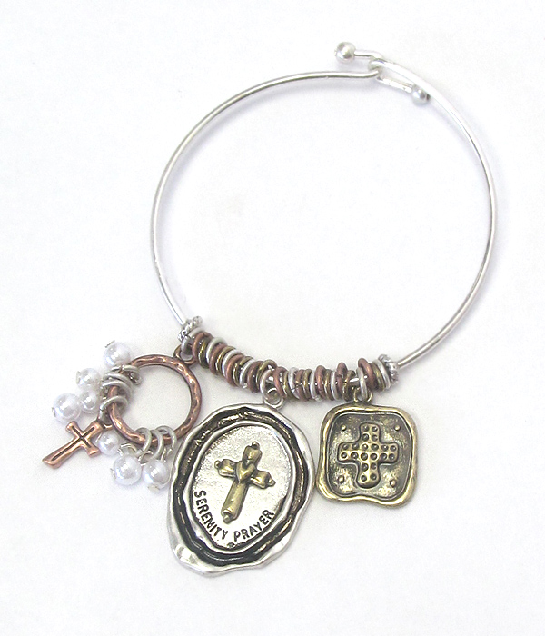 Religious inspiration cross charm wire bangle bracelet