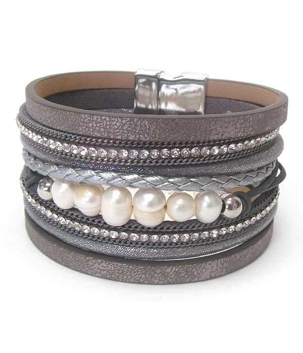 FRESHWATER PEARL AND MULTI LAYER METALIC LEATHER MAGNETIC BRACELET