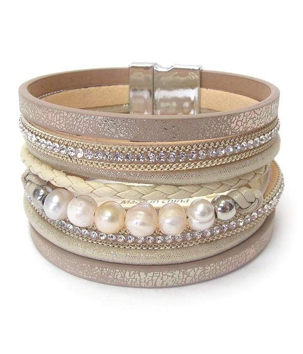 Freshwater pearl and multi layer metalic leather magnetic bracelet