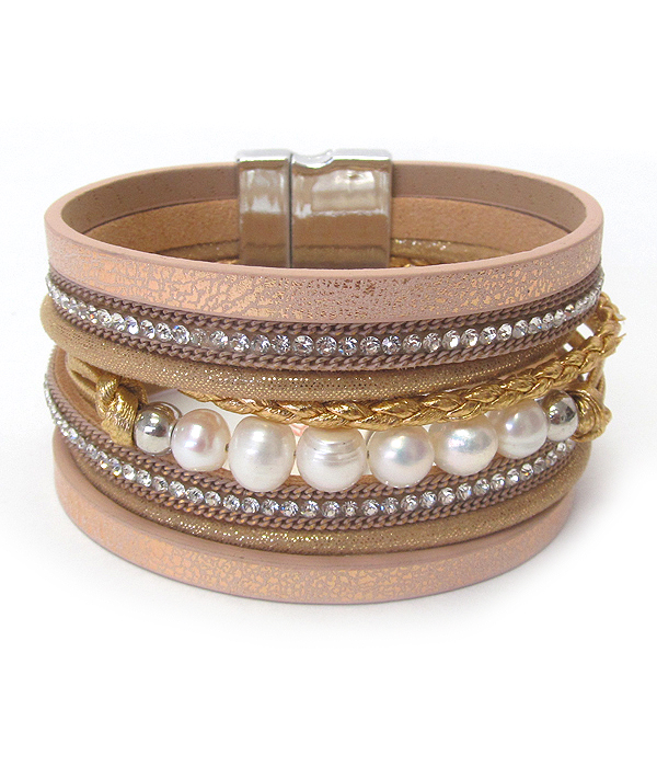 FRESHWATER PEARL AND MULTI LAYER METALIC LEATHER MAGNETIC BRACELET