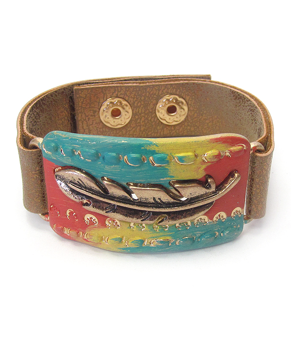 Vintage rustic feather leather band bracelet
