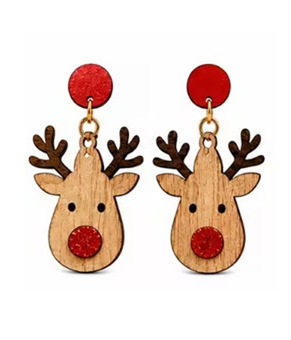 Christmas reindeer wood earring