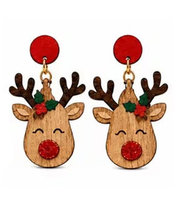 Christmas reindeer wood earring