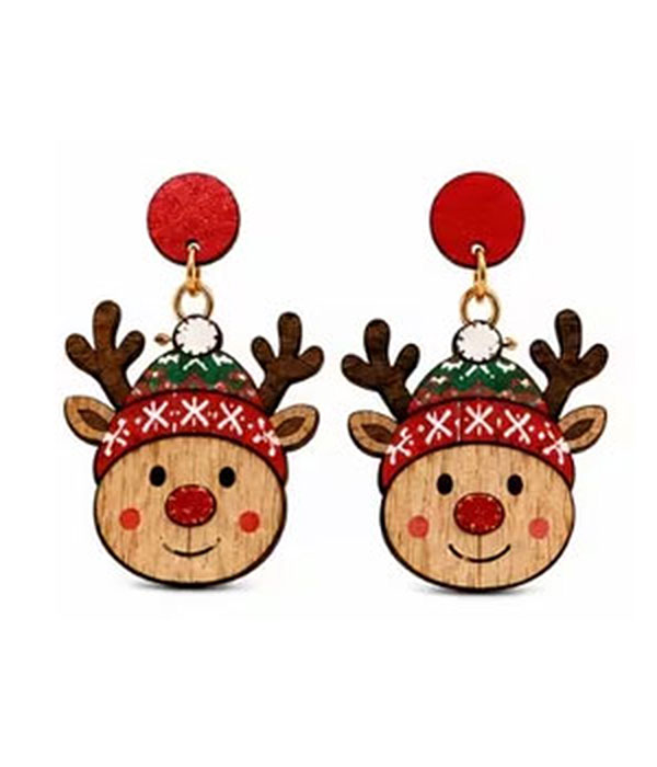 Christmas reindeer wood earring