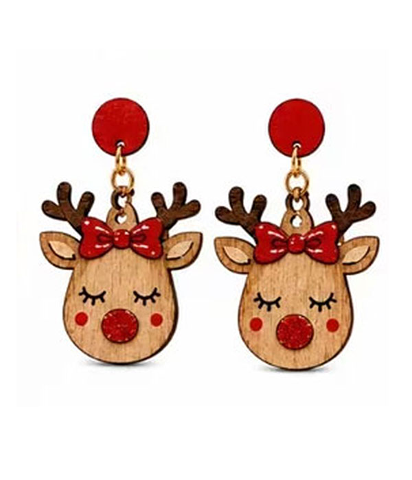 Christmas reindeer wood earring