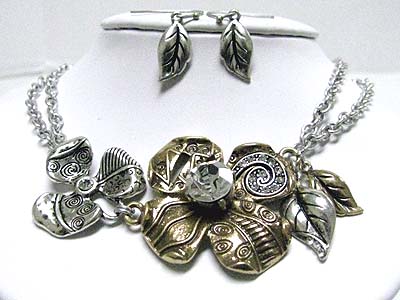 Crystal and metal filigree flower pendant necklace and earring set
