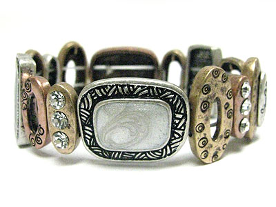 Crystal stud tri tone metal stretch bracelet