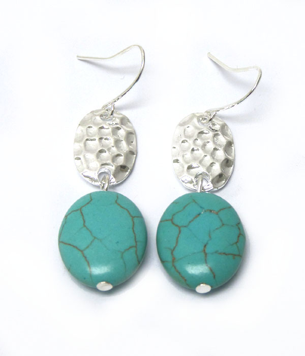 Turquoise stone with metal disk fish hook earrings 