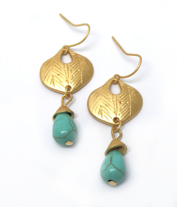 Metal leaf with turquoise stone earrings