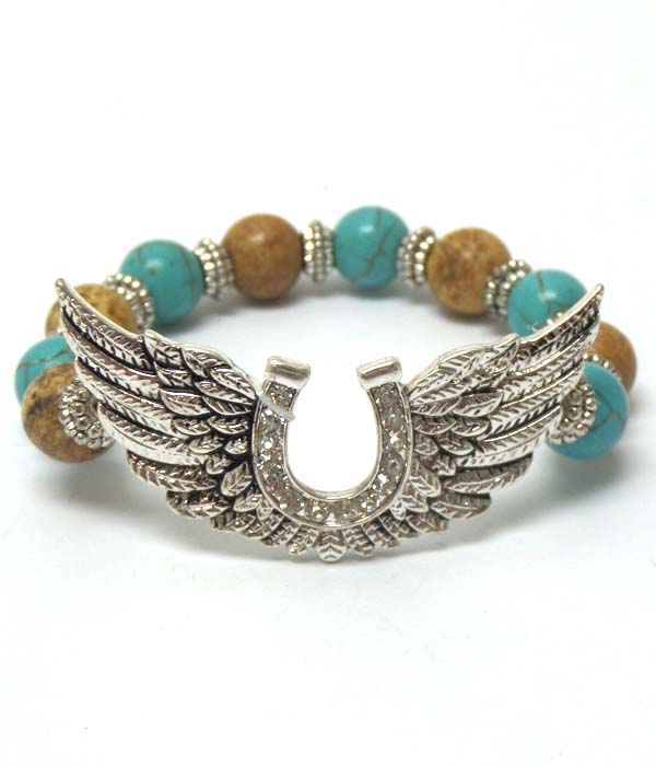 Brown and turquoise stone metal textured horse shoe