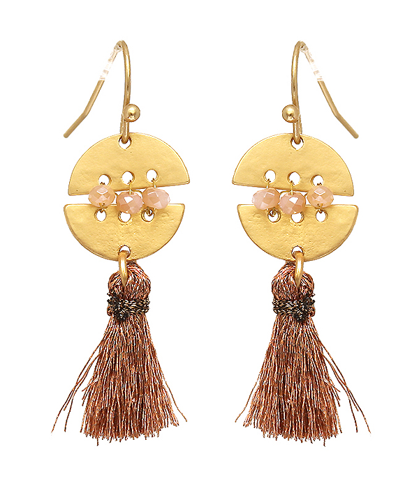 Geometric metal disc and thread tassel drop earring