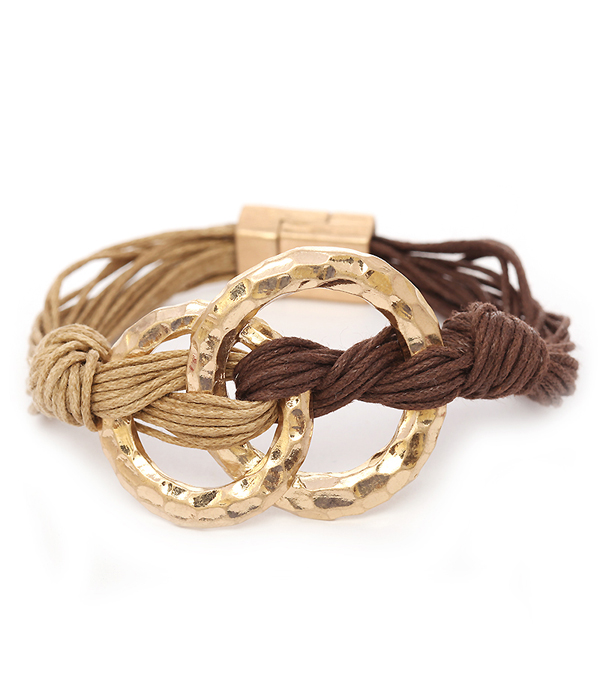 DOUBLE METAL HOOP LINK AND WAX CORD MAGNETIC BRACELET