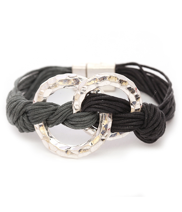 Double metal hoop link and wax cord magnetic bracelet