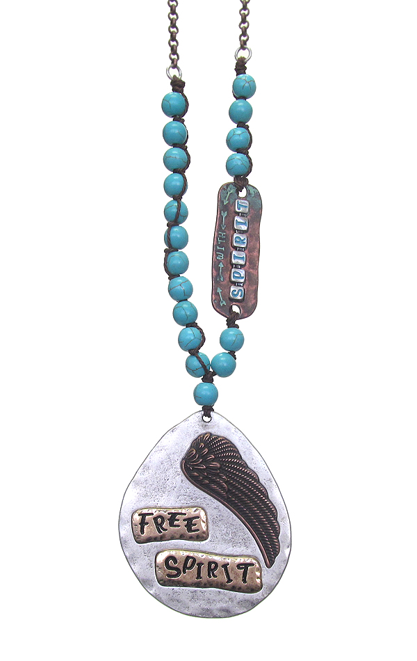TEARDROP PENDANT AND TURQUOISE BEAD CHAIN LONG  NECKLACE - FREE SPIRIT