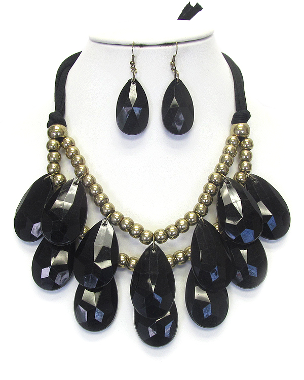 Double layer chunky teardrop suede tie back necklace set
