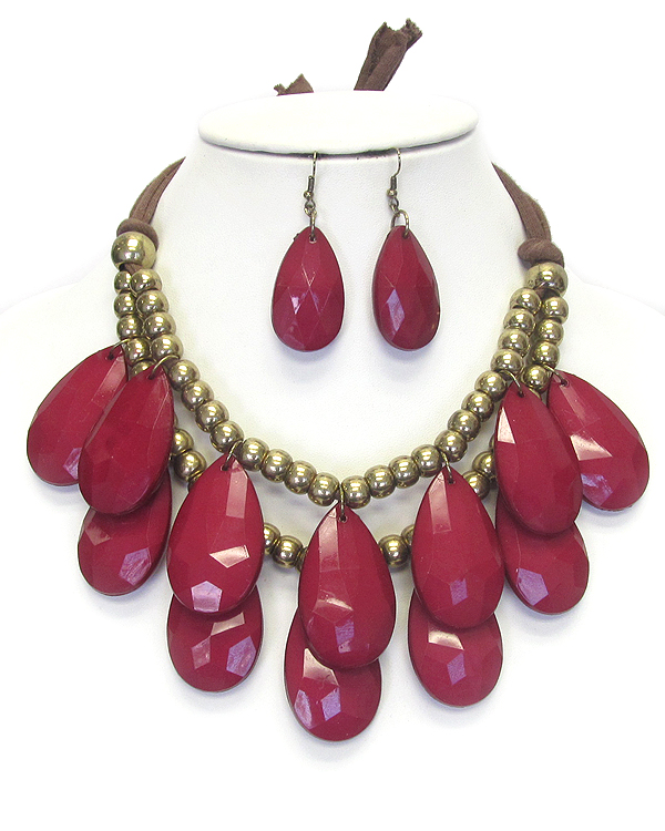 Double layer chunky teardrop suede tie back necklace set