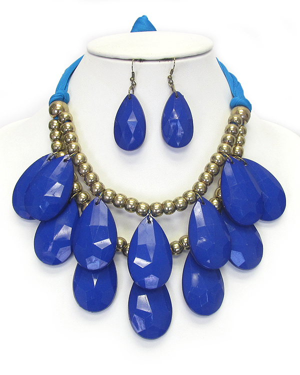 Double layer chunky teardrop suede tie back necklace set