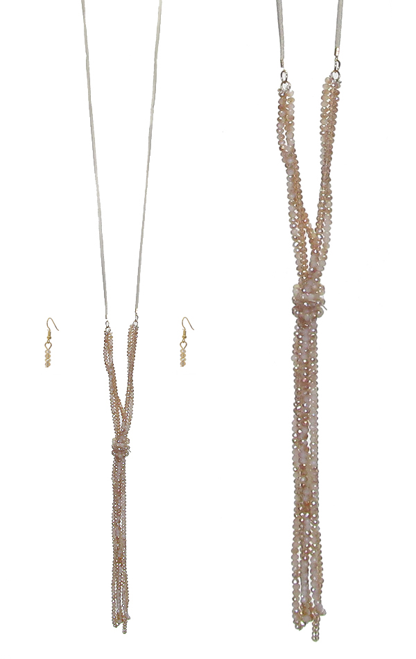 Multi glass bead tassel and long leather chain necklace set