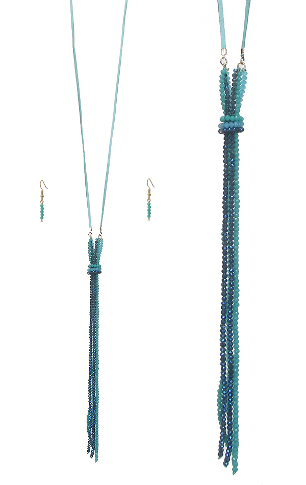 MULTI GLASS BEAD TASSEL AND LONG LEATHER CHAIN NECKLACE SET