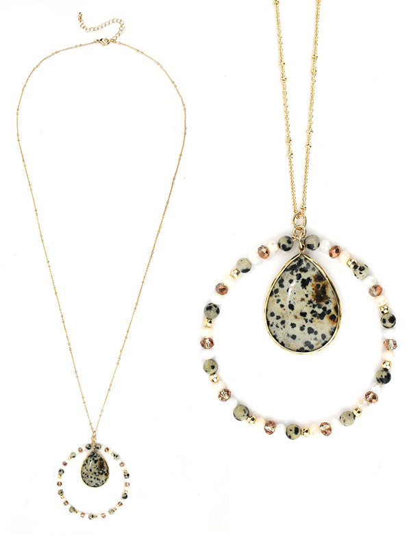 SEMI PRECIOUS TEARDROP AND HOOP PENDANT LONG NECKLACE - DALMATIAN JASPER