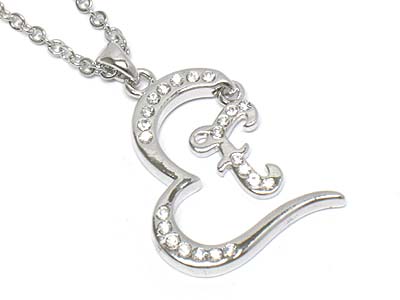 Made in korea whitegold plating crystal heart and letter f dangle necklace