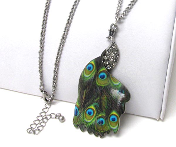 Crystal and epoxy deco peacock pendant long necklace
