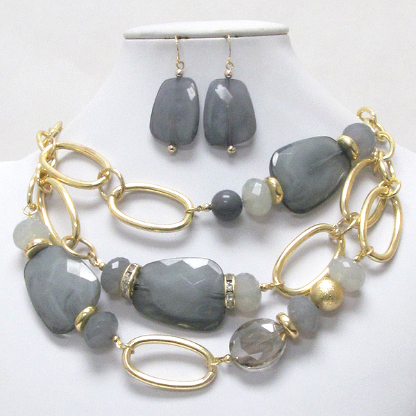 Crystal rondelle and facet resin stone mix 3 layered necklace earring set