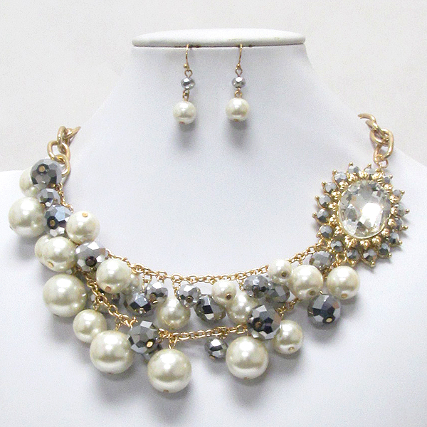 Multi pearl and glass ball drop double layered necklace earring set