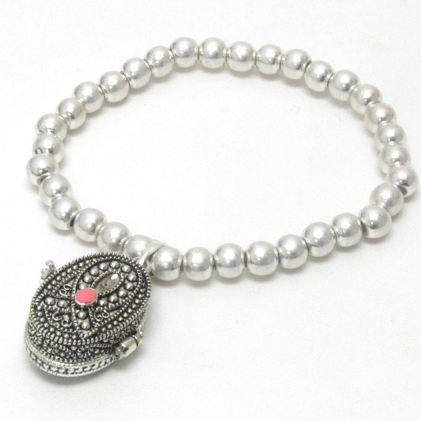 Inspirational prayers message inside locket and metalic ball stretch bracelet - pink ribbon  breast cancer awareness