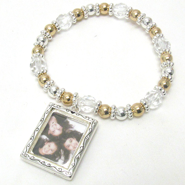 PICTURE FRAME CHARM AND METALIC BALL STRETCH BRACELET- PICTURE INSERTABLE