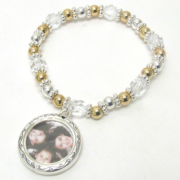 Picture frame charm and metalic ball stretch bracelet- picture insertable